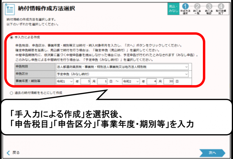 「手入力による作成」を選択後、 「申告税目」「申告区分」「事業年度・期別等」を入力
